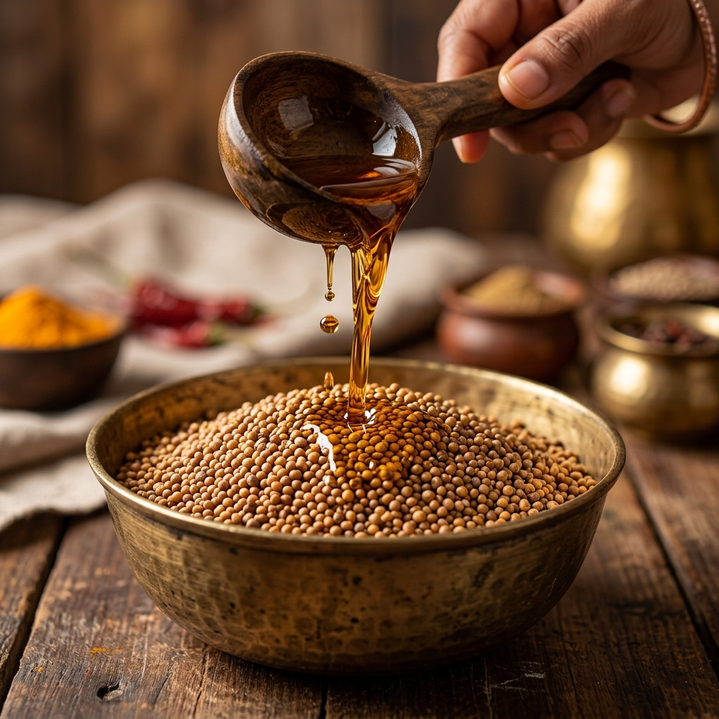Mustard seeds and fresh oil